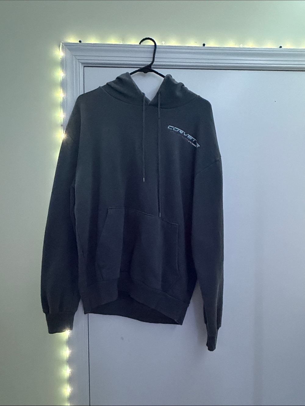 Charcoal Gray Graphic Hoodie with Small Chest Logo